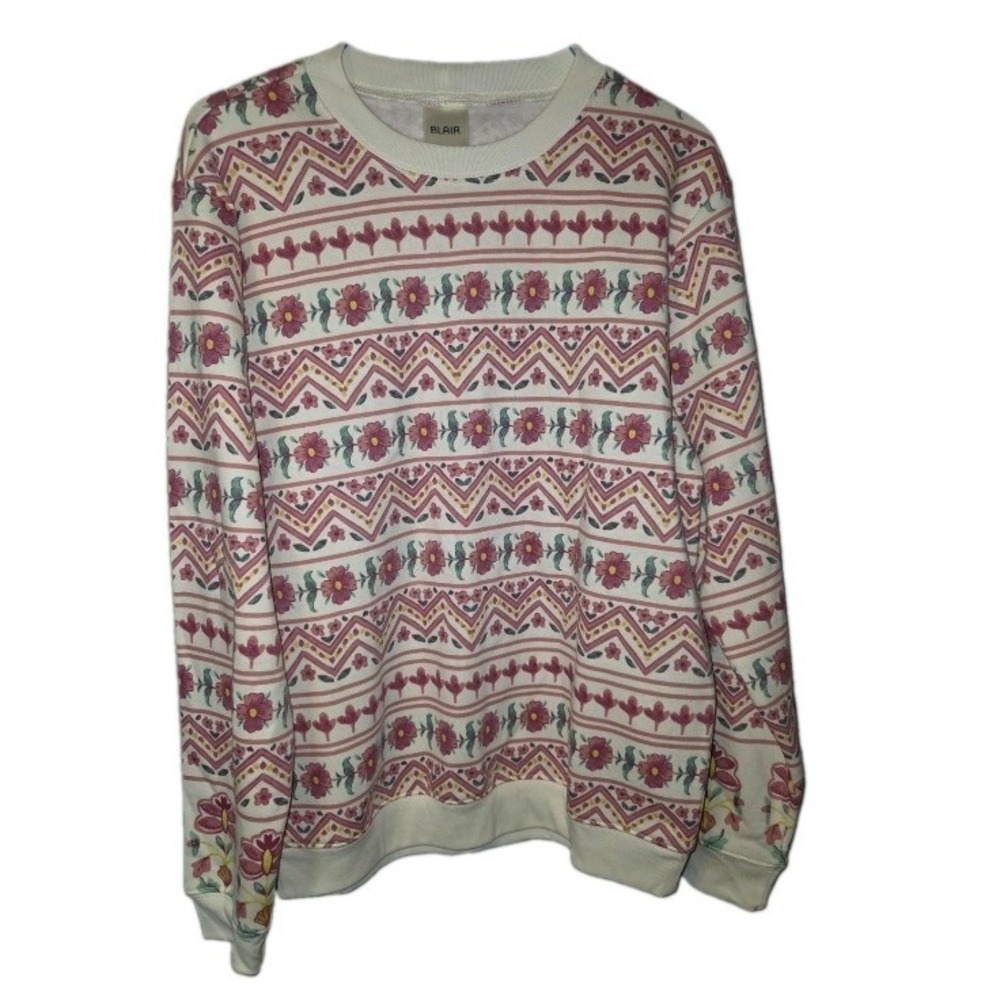 Vintage Cottage Core Grandma Fair Isle Floral Sweatshirt Women's Small
